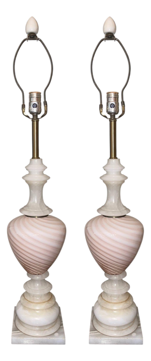 Mid-20th Century Pair of Italian Pink Murano Glass & Alabaster Lamps