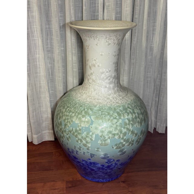 35” Extra Large Shiwan Proc Style Blue Green Crystalline Glaze Pottery Floor Vase Signed For Sale In Phoenix - Image 6 of 12