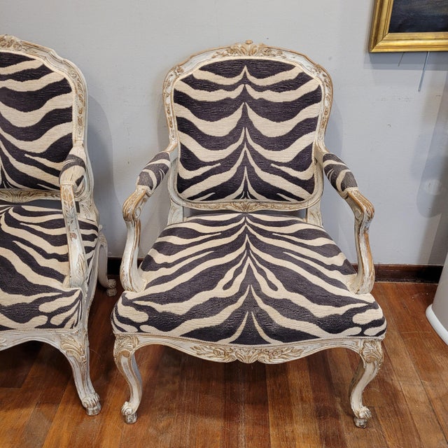 Wood Louis XV Armchairs in Polychrome Wood with Zebra-Print Upholstery, France, 1790s, Set of 2 For Sale - Image 7 of 18