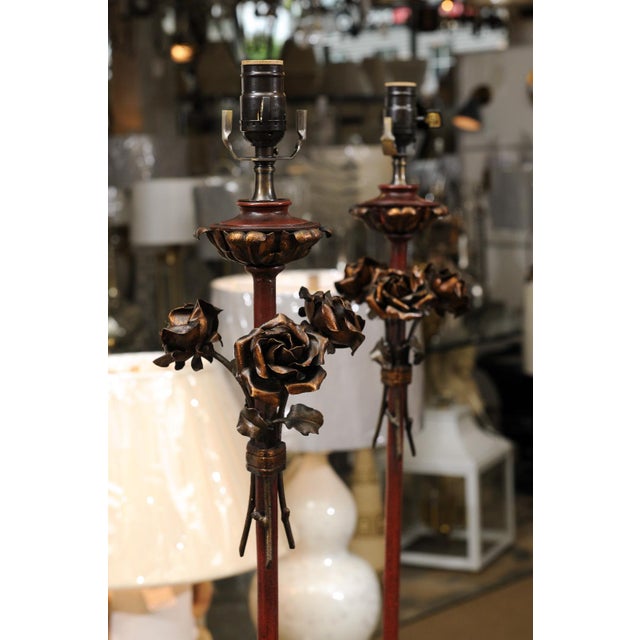 Stunning Pair of 1940s Italian Tole Floor Lamps, Gilt & Garnet Red For Sale - Image 12 of 12