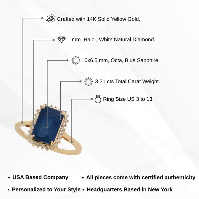 3.31ct Emerald-Cut Blue Sapphire Diamond Modern Engagement Ring Size 6 in 14k Gold For Sale - Image 13 of 18