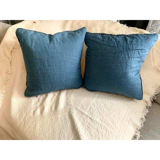 1990s Pair Vintage Lauren Ralph Lauren Decorative Pillow Landing Damask Blue Scroll Design 18” X 18” For Sale - Image 5 of 12