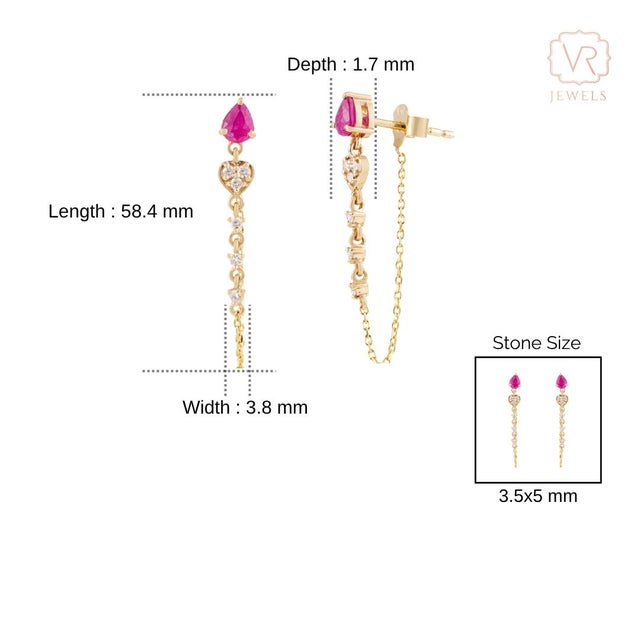 Contemporary Pear Cut Red Ruby & Diamond Chain Earrings in 14k Yellow Gold- A Pair For Sale - Image 10 of 13