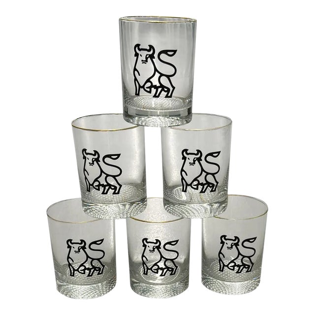 Lowball Drinking Glasses With Bulls - Set of Six For Sale