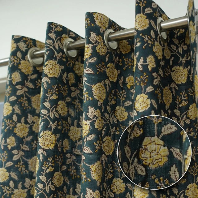 Art Deco Rameshwaram Floral Block Print Semi-Sheer Pure Linen Eyelet Curtain Size- 54"Wx36"L For Sale - Image 3 of 5