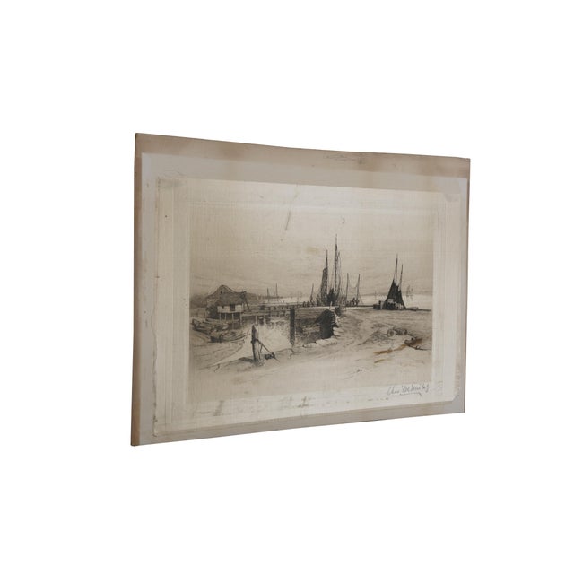 American Antique Charles Frederick Mielatz Signed Sailboat Harbor Etching on Silk 20" For Sale - Image 3 of 10