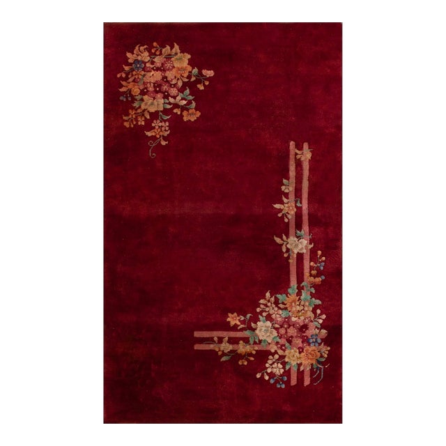 Beautiful Red Color With Deliciated Floral Design Antique Chinese Art Deco Rug For Sale