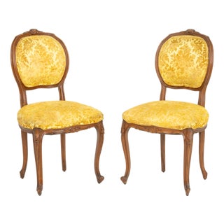 Louis XV Style Yellow Satin Walnut Chairs, Pair For Sale