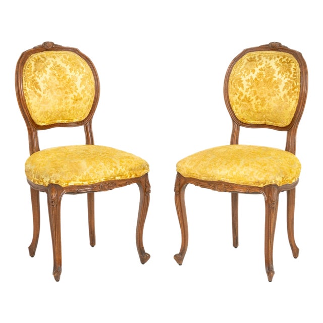 Louis XV Style Yellow Satin Walnut Chairs, Pair For Sale