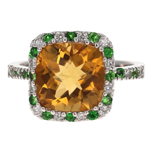 4.82 Carat Cushion Cut Citrine Quartz Tsavorite Diamond 14 Karat White Gold Ring Size 7 For Sale