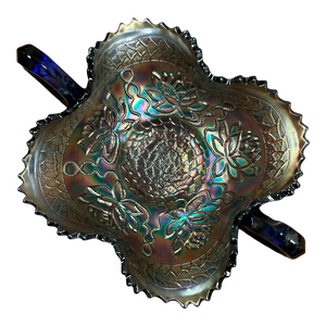 Antique Blue Carnival Fenton Pond Lily Double Handled Card Tray Bon Bon Bowl Early 20th Century