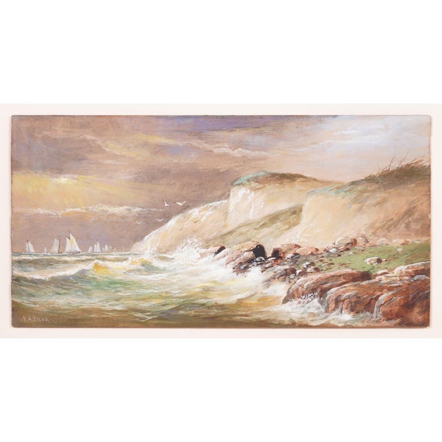 Watercolor on paper with white gouache highlights, float mounted in its original gold leafed molding. The painting is a...