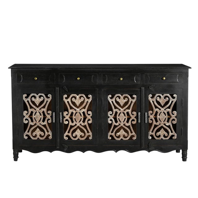 Far Pavilions 1950s Handcrafted Mango Wood Sideboard With Reclaimed Iron Grills | 71" Rustic Farmhouse Credenza | Large Walnut Buffet Cabinet With 4 Drawers For Sale - Image 4 of 7