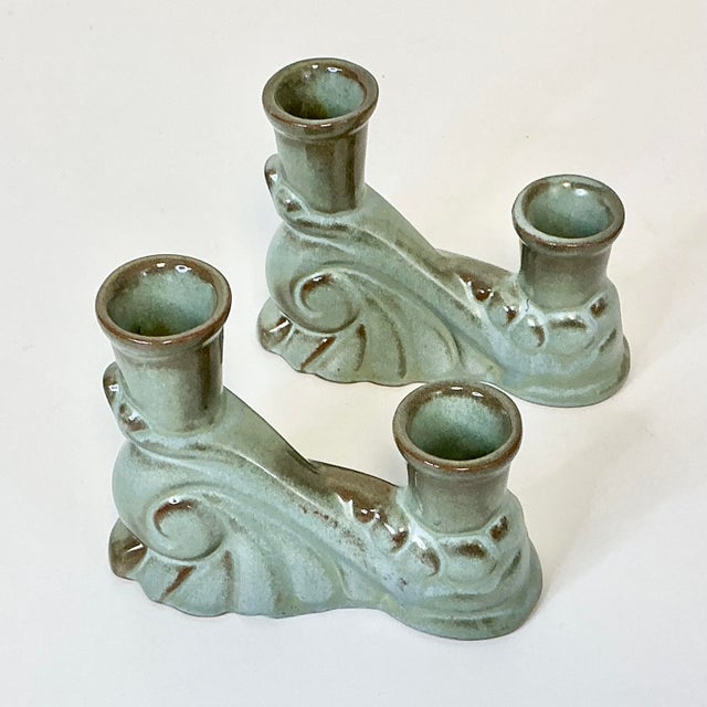 1950s 1950s Vintage Boho Chic Americana Arts & Crafts Frankoma Pottery Double Arm Candlestick Holders - A Pair For Sale - Image 5 of 18