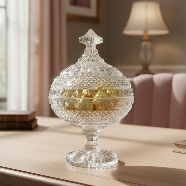 Elegant footed crystal lidded candy dish featuring a deeply pressed geometric pattern and faceted finial. Likely German or...