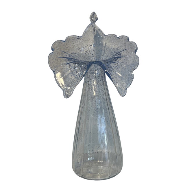 21 In. Tall Art Glass Clear Fluted Confetti Blue Speckled Flower Shaped Vase For Sale - Image 14 of 17