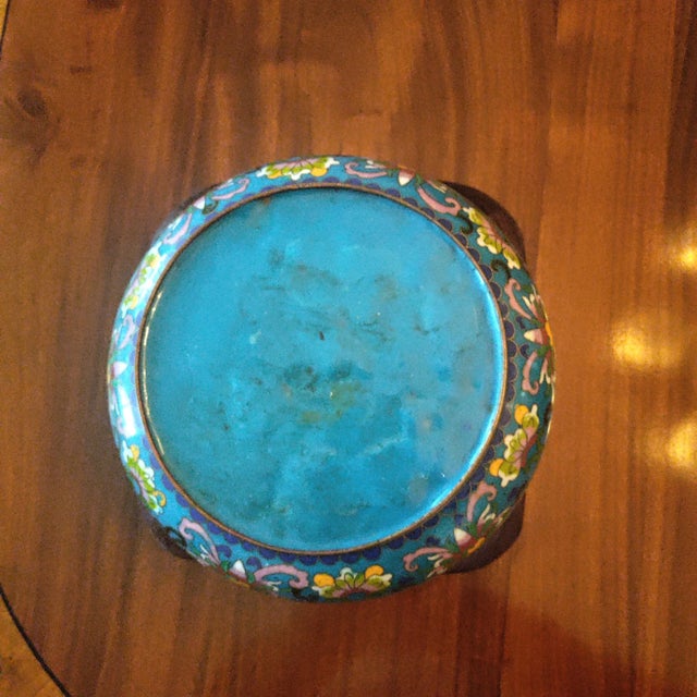Antique Chinese Cloisonne Enamel Round Covered Box Shou Lotus Stand Included For Sale - Image 4 of 6