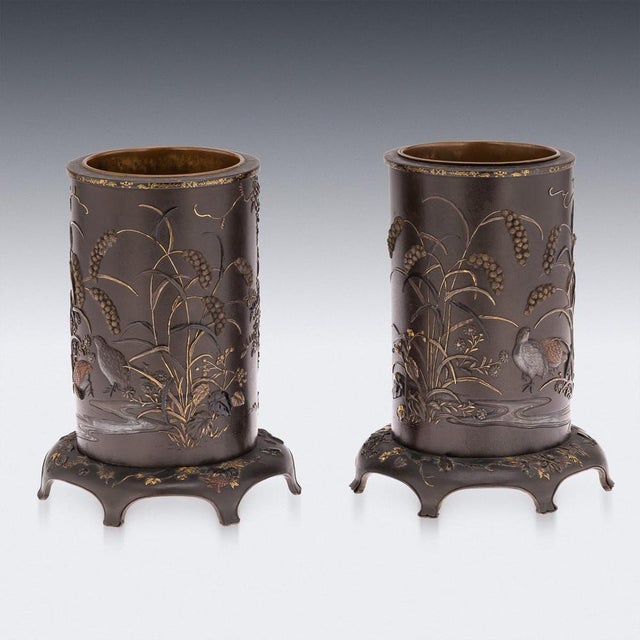 Antique Japanese Meiji Inlaid Bronze Cylindrical Brush Pots, 19th Century, Set of 2 For Sale - Image 3 of 18