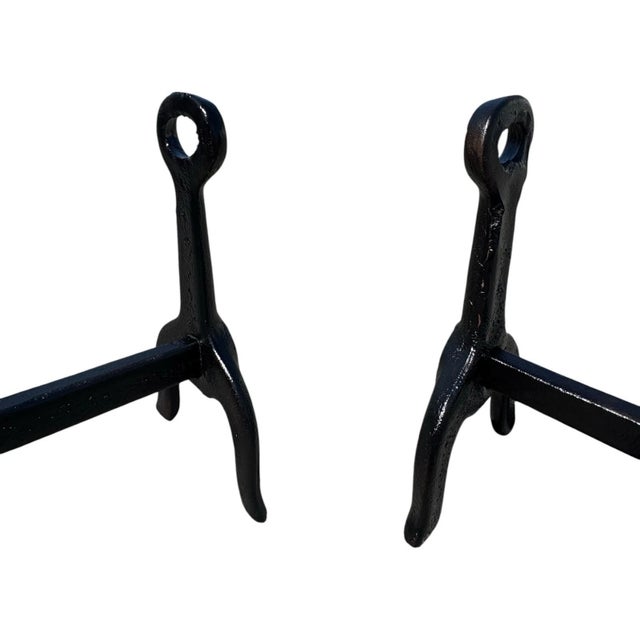 Antique Heavy Cast Iron Loop Top Fireplace Andirons Fire Dogs Pair Early 1900s For Sale - Image 9 of 17