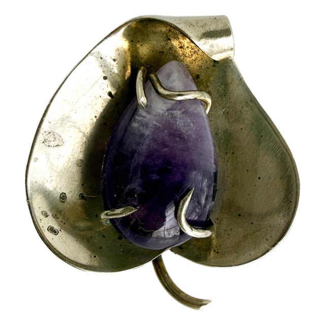 Sterling Silver and Amethyst Leaf Brooch/Pendant For Sale