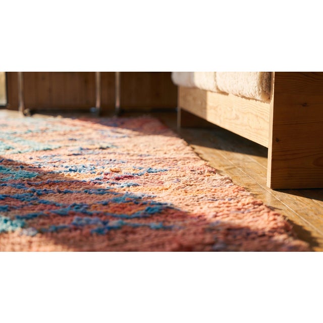 Blush 1940s Pink Blush Diamond Vintage Moroccan Boucherouitte Rug 4' X 9'6" Handknotted Wool Carpet For Sale - Image 8 of 8