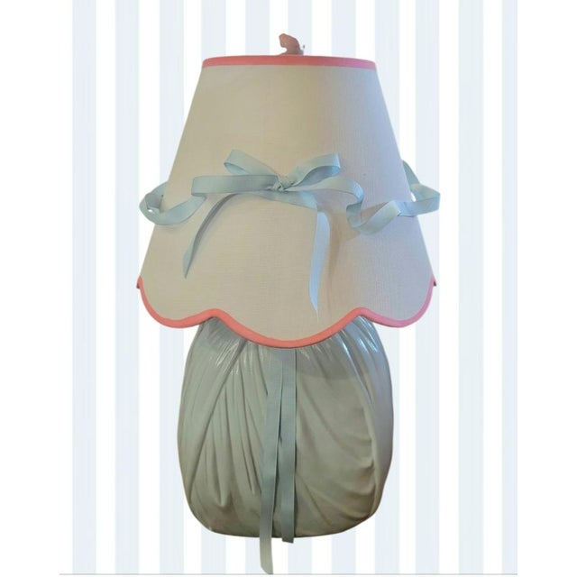 Baby Blue Vintage Custom Painted Styled John Dickinson Draped Plaster Pale Blue Table Lamp W/ Custom Ribbon Shade For Sale - Image 8 of 10