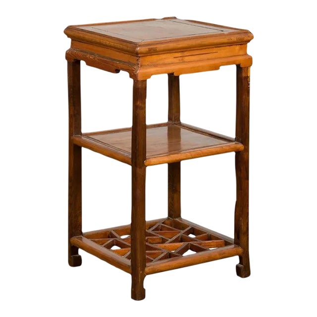 Early 20th Century Chinese Late Qing Dynasty Lamp Table with Cracked Ice Shelf & Horse Hoof Feet For Sale