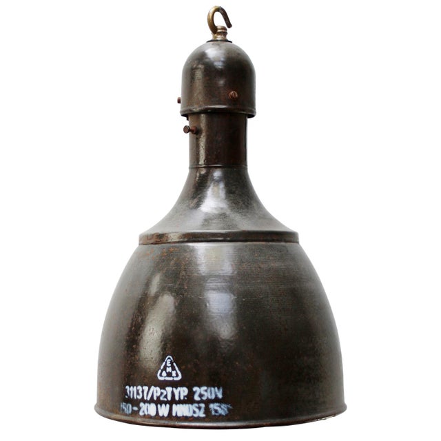 1950s Industrial Grey Brown Enamel and Brass Pendant Light, 1950s For Sale - Image 5 of 5