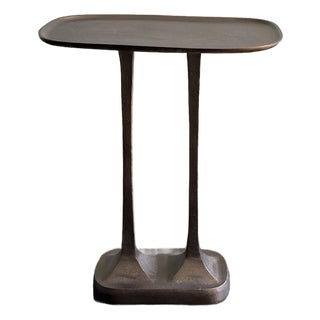 Made Goods Brenna Side Table - Antiqued Bronze Cast Metal Accent Table With Sculptural Double Stem Base For Sale