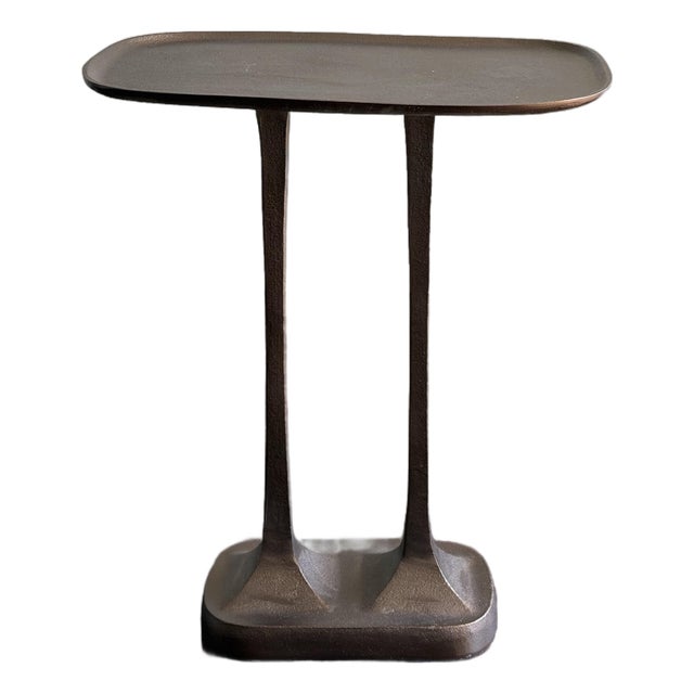 Made Goods Brenna Side Table - Antiqued Bronze Cast Metal Accent Table With Sculptural Double Stem Base For Sale