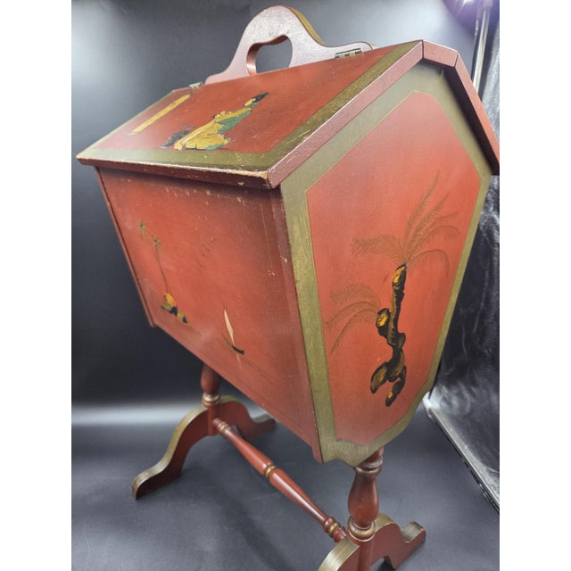 Wood Vintage 20th Century English Style Red Japanned Hinged Two-Sided Flip-Open Sewing Cabinet For Sale - Image 7 of 18
