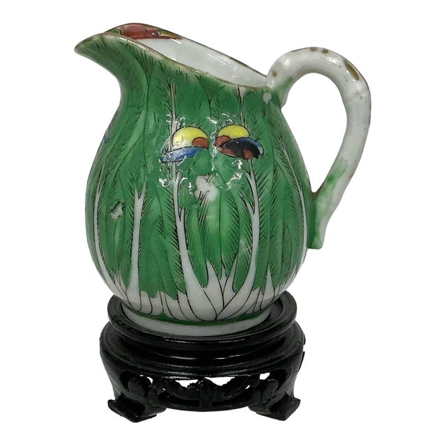 Antique Chinese Export Porcelain Famille Verte”boc Choy Leaf” Creamer Pitcher For Sale