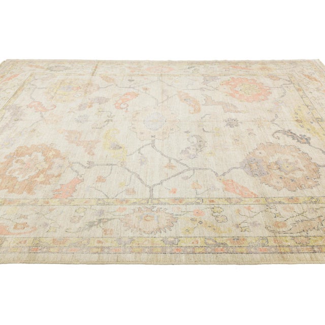 Modern Oushak Style Hand-Knotted Wool Rug - Pastel Floral Transitional Area Rug For Sale - Image 11 of 11