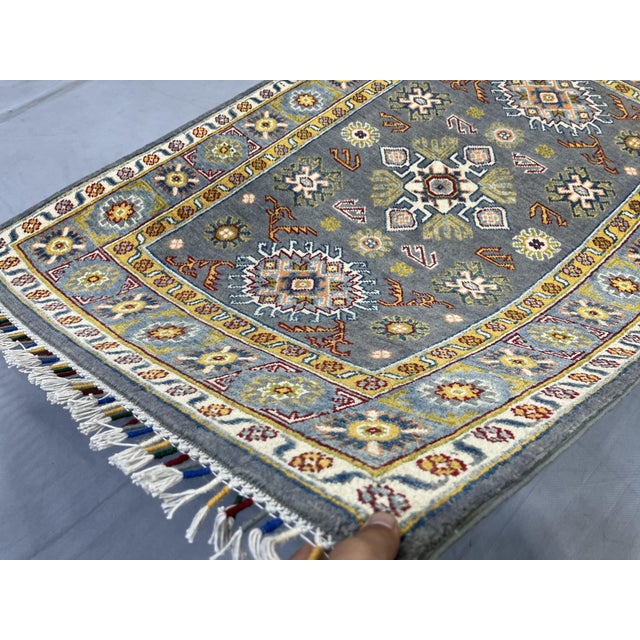 Slate Gray Kazak Style Rug With Floral Medallions and Blue Border, 3'3" X 4'9" For Sale - Image 10 of 13