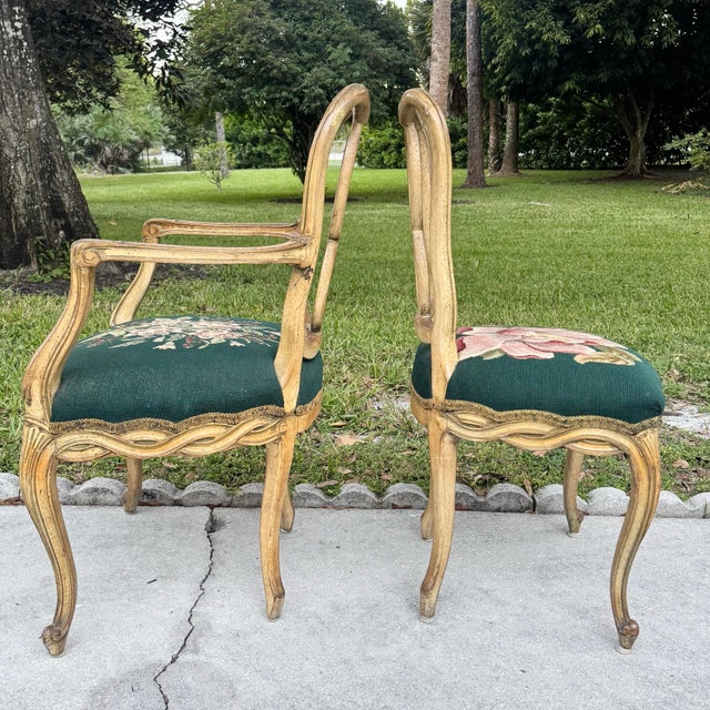 Vintage Rococo Style Wooden Floral Needlepoint Dining Chairs - Set of 4 (No Captain Chair) For Sale In West Palm - Image 6 of 12