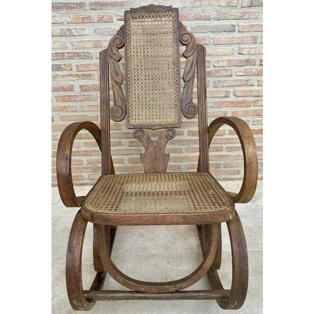 Mid-Century Modern Set of 20th Century Art Deco Bentwood Rocking Chairs with Reed Seats For Sale - Image 3 of 11