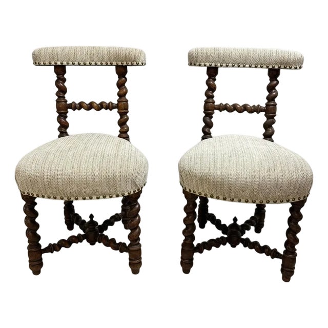 18th Century Pair of Oak Boudoir Barley Twist Leg Chairs For Sale