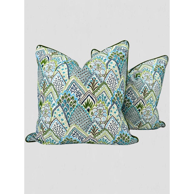Beautiful custom made pillow pair. Front is Schumacher Albizia Embroidery Fabric in Blue & Green. Back is a Blue Belgian...