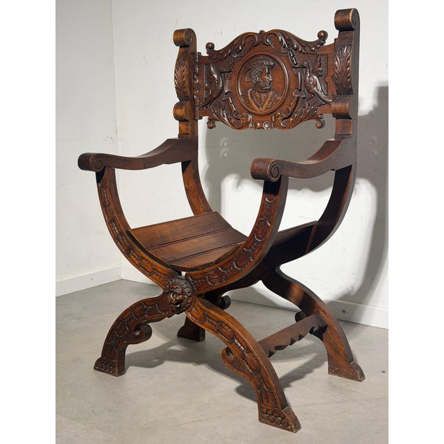 Antique Renaissance Revival Savonarola Chair in Hand-Carved Oak For Sale - Image 6 of 6