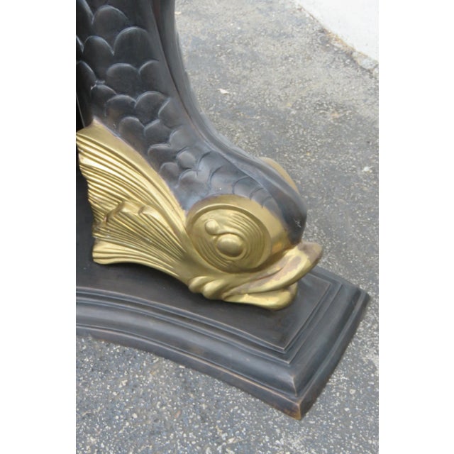 Hollywood Regency Brass Dolphin Base Round Glass Top Dining Table For Sale - Image 9 of 13