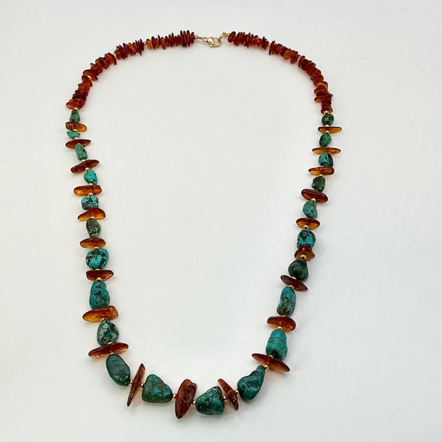 1980s Vintage Boho Chic Baltic Amber & Faux Turquoise Nugget Beaded Necklace - 26” For Sale - Image 6 of 11