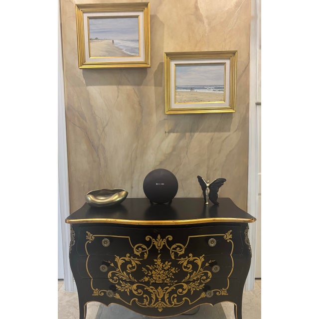 Vintage European Hand-Painted Black & Gold Curved Commode – French Baroque Style For Sale - Image 10 of 10