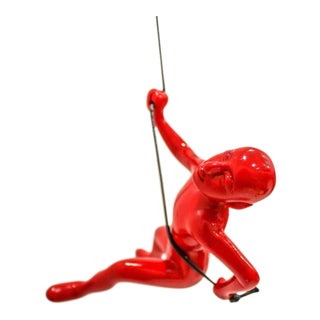 Red Position Climbing Man Durable Polyresin 3d Hanging Wall Art Sculpture with Leathered Rope and Hanging Hardware For Sale