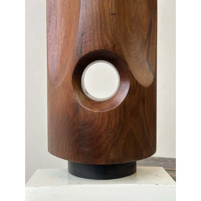 Brown Vintage Large-Scale Kinetic Teak Mask Sculpture Mounted to Painted Wood Tiered Base by Paul Bechtold, Circa Mid 20th Century For Sale - Image 8 of 18