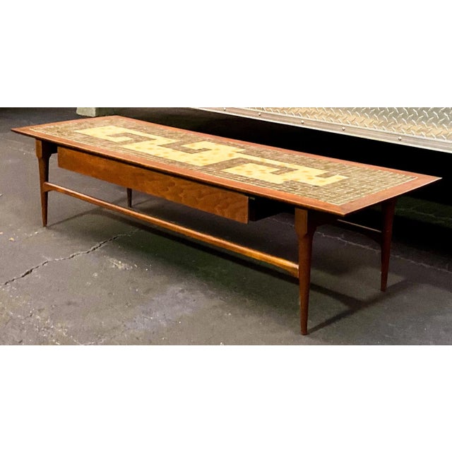 1960s Mid-Century California Modern Dunbar Style Inlaid Mosaic Tile Top Walnut Coffee Table For Sale - Image 5 of 5