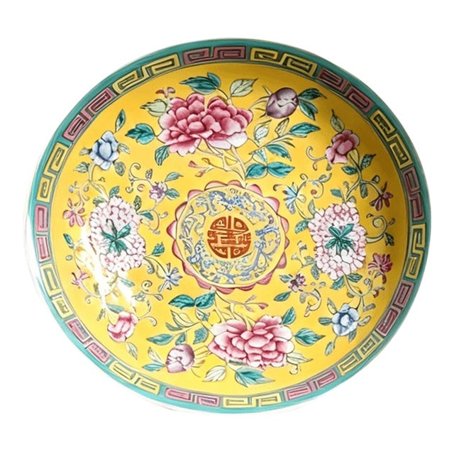 Chinese Ceramic Plate,Qianlong Marked Famille Yellow Ground Rose Porcelain Plate Hand Painted Flowers Pattern For Sale