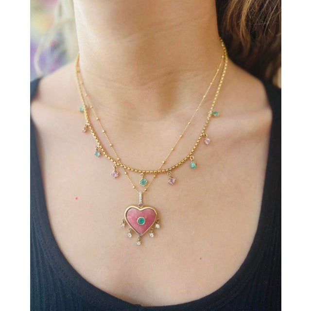 2020s Rhodochrosite Heart Pendant With Emerald, Diamonds & 14k Gold For Sale - Image 5 of 9