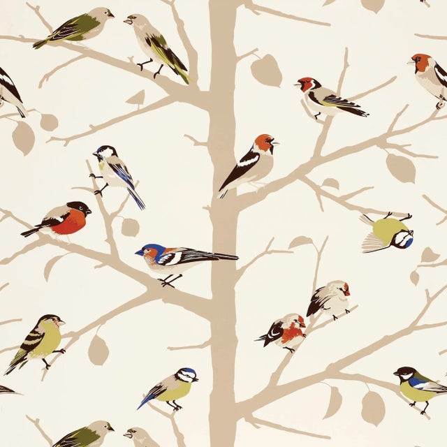 A forest of silhouetted trees provides a graphic backdrop for a colorful flock of songbirds in this charming screen-...