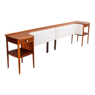 Restored 1960s Sapele Mahogany Upholstered King Headboard With Built-in Nightstands For Sale