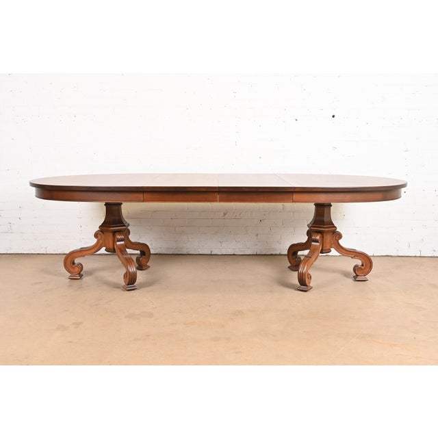 Neoclassical Thomasville Regency Walnut and Burl Wood Double Pedestal Extension Dining Table, Newly Refinished For Sale - Image 3 of 13
